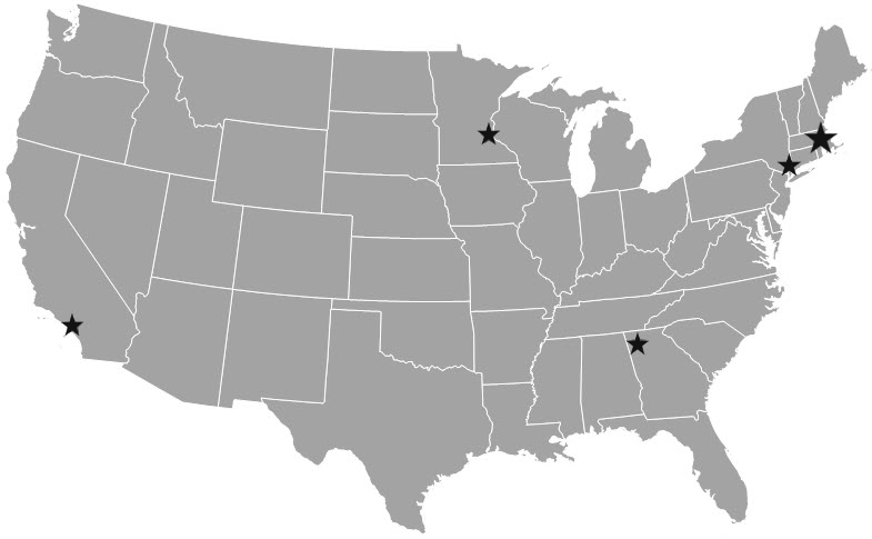 Image of the United States calling out the locations of Matter Surfaces and Mats Inc. corporate location, phone numbers and location starred on the map.